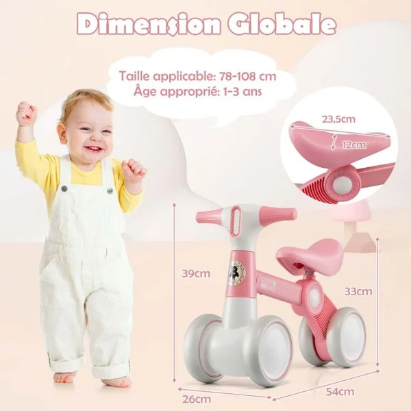 Draisienne Bébé 1-3 Ans avec 4 Roues Vélo d’Equilibre pour Enfants Cadeau Anniversaire 54 x 26 x 39 cm (L x l x H) Rose