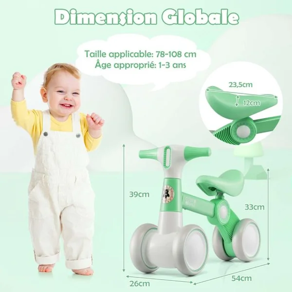 Draisienne Bébé 1-3 Ans avec 4 Roues Vélo d’Equilibre pour Enfants Cadeau Anniversaire 54 x 26 x 39 cm (L x l x H) Vert