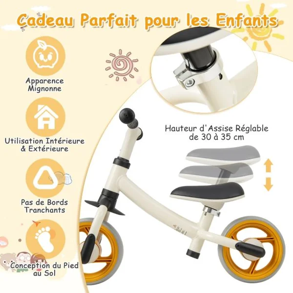 Draisienne Bébé 18-48 Mois - Siège Réglable Guidon Vélo Draisienne sans Pédale pour Enfants Cadre en Acier au Carbone Blanc
