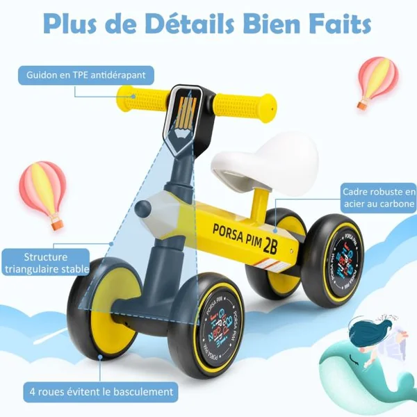 Draisienne Bébé 1 An Vélo Bébé sans Pédales 4 Roues EVA, Direction à 135° Jouet d'Equitation pour Fille Garçon 10-24 Mois