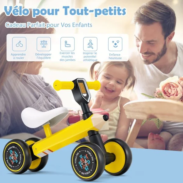 Draisienne Bébé 1 An Vélo Bébé sans Pédales 4 Roues EVA, Direction à 135° Jouet d'Equitation pour Fille Garçon 10-24 Mois
