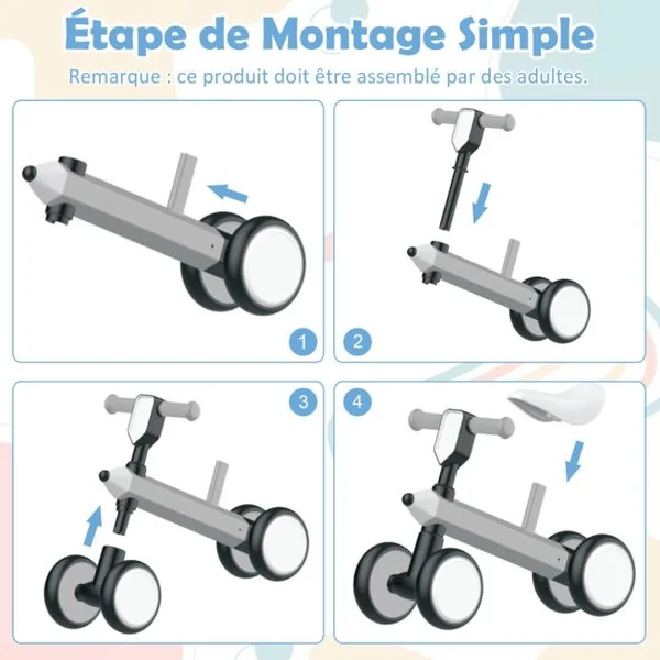 Draisienne Bébé 1 An Vélo Bébé sans Pédales 4 Roues EVA, Direction à 135° Jouet d'Equitation pour Fille Garçon 10-24 Mois