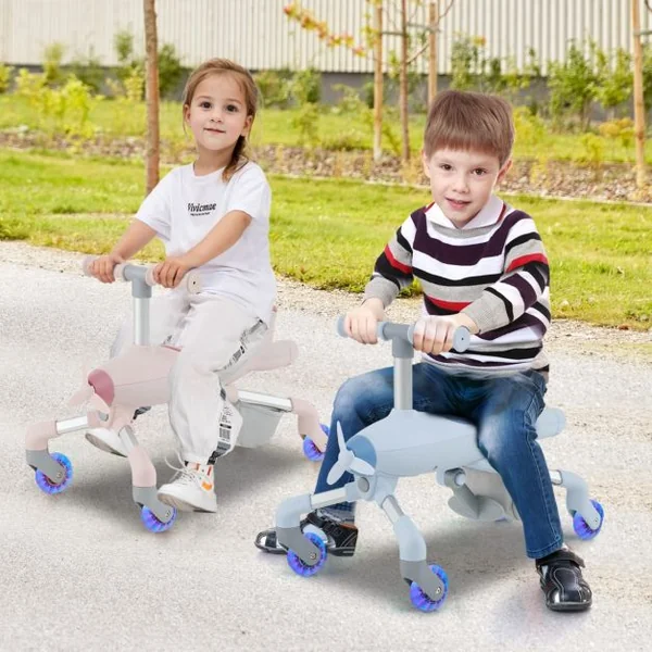 Draisienne à Pousser avec Roue Lumineuse 2 en 1 pour Enfants de 18 Mois à 6 Ans Trotteur à Pousser sur le Thème de l'Avion 50 kg de Charge Bleu/Rose