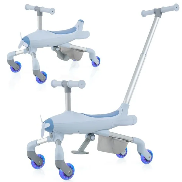 Draisienne à Pousser avec Roue Lumineuse 2 en 1 pour Enfants de 18 Mois à 6 Ans Trotteur à Pousser sur le Thème de l'Avion 50 kg de Charge Bleu/Rose