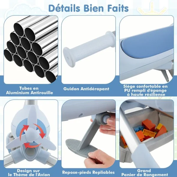 Draisienne à Pousser avec Roue Lumineuse 2 en 1 pour Enfants de 18 Mois à 6 Ans Trotteur à Pousser sur le Thème de l'Avion 50 kg de Charge Bleu/Rose