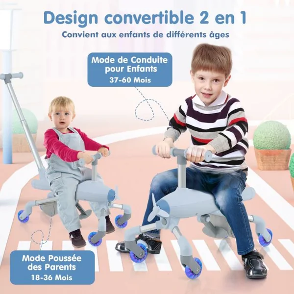 Draisienne à Pousser avec Roue Lumineuse 2 en 1 pour Enfants de 18 Mois à 6 Ans Trotteur à Pousser sur le Thème de l'Avion 50 kg de Charge Bleu/Rose