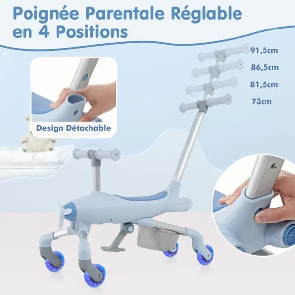 Draisienne à Pousser avec Roue Lumineuse 2 en 1 pour Enfants de 18 Mois à 6 Ans Trotteur à Pousser sur le Thème de l'Avion 50 kg de Charge Bleu/Rose
