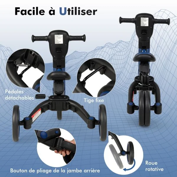 Draisiennes Tricycle pour Enfants 4 en 1 Pliable Poignée de Poussée Réglable Pédales Amovibles pour 18 Mois à 6 ans Rose