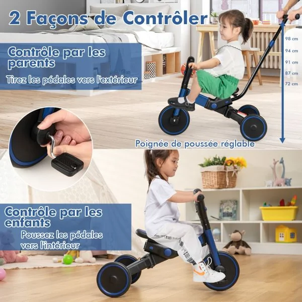 Draisiennes Tricycle pour Enfants 4 en 1 Pliable Poignée de Poussée Réglable Pédales Amovibles pour 18 Mois à 6 ans Rose