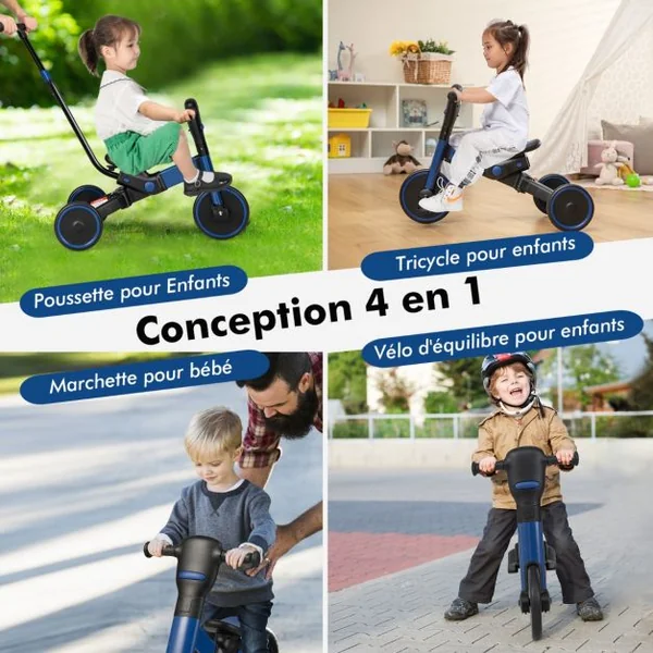 Draisiennes Tricycle pour Enfants 4 en 1 Pliable Poignée de Poussée Réglable Pédales Amovibles pour 18 Mois à 6 ans Rose