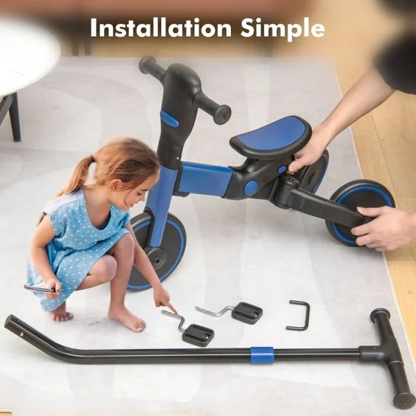 Draisiennes Tricycle pour Enfants 4 en 1 Pliable Poignée de Poussée Réglable Pédales Amovibles pour 18 Mois à 6 ans Rose