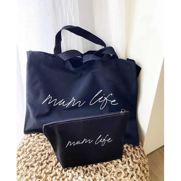 Duo pochette zipee et shopping bag noir mum life