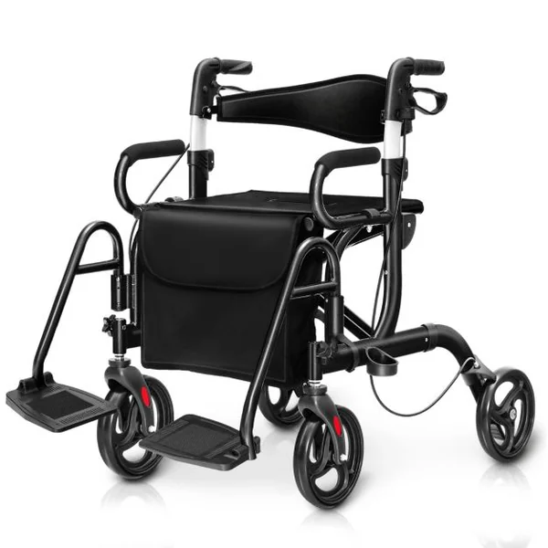 Déambulateur Pliable 2 en 1 avec Dossier Réversible Rollator Médical en Aluminium avec Roues Poignées Réglables Repose-pieds Noir