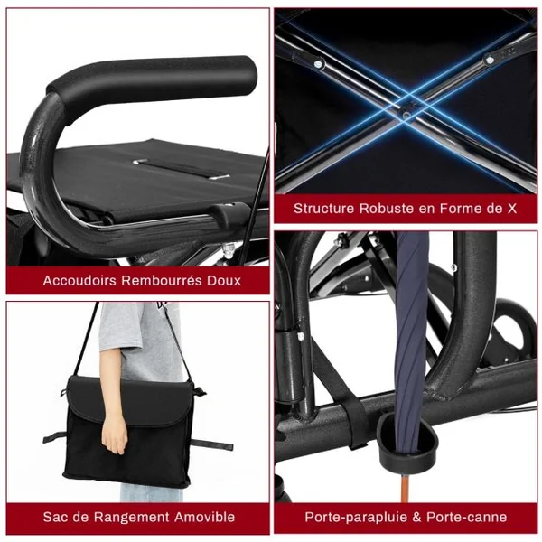 Déambulateur Pliable 2 en 1 avec Dossier Réversible Rollator Médical en Aluminium avec Roues Poignées Réglables Repose-pieds Noir