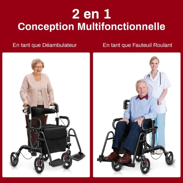 Déambulateur Pliable 2 en 1 avec Dossier Réversible Rollator Médical en Aluminium avec Roues Poignées Réglables Repose-pieds Noir
