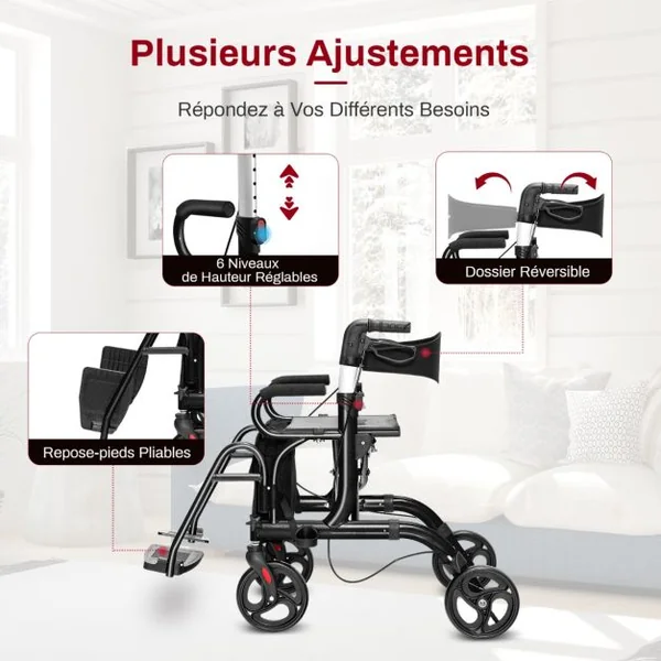 Déambulateur Pliable 2 en 1 avec Dossier Réversible Rollator Médical en Aluminium avec Roues Poignées Réglables Repose-pieds Noir