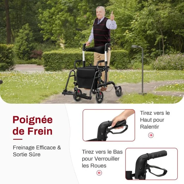 Déambulateur Pliable 2 en 1 avec Dossier Réversible Rollator Médical en Aluminium avec Roues Poignées Réglables Repose-pieds Noir