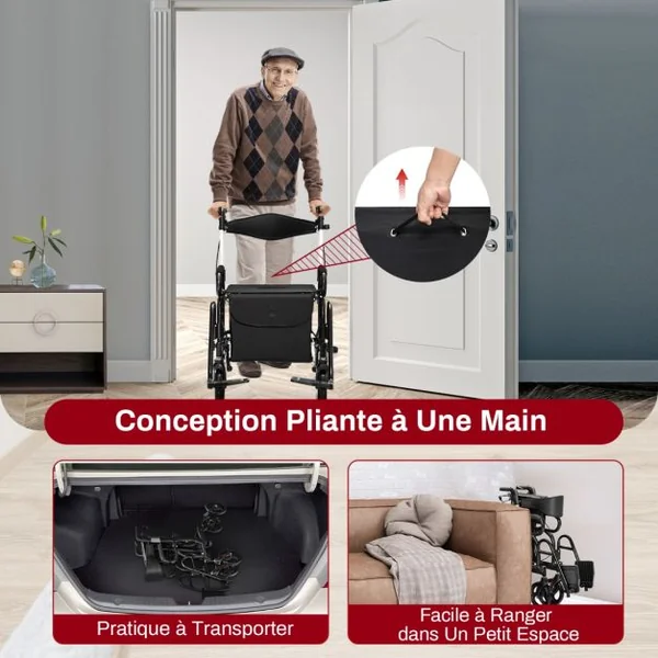 Déambulateur Pliable 2 en 1 avec Dossier Réversible Rollator Médical en Aluminium avec Roues Poignées Réglables Repose-pieds Noir