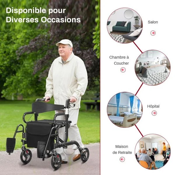 Déambulateur Pliable 2 en 1 avec Dossier Réversible Rollator Médical en Aluminium avec Roues Poignées Réglables Repose-pieds Noir