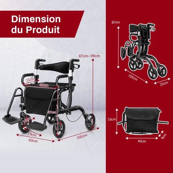 Déambulateur Pliable 2 en 1 avec Dossier Réversible Rollator Médical en Aluminium avec Roues Poignées Réglables Repose-pieds Noir