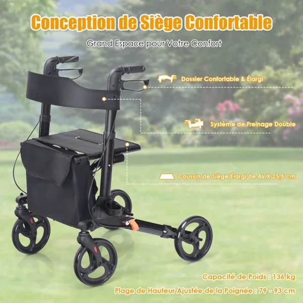 Déambulateur Pliant à 4 Roues de 20 cm Charge 136KG Rollator Médical en Aluminium avec Siège Double Freinage Sac de Rangement Noir