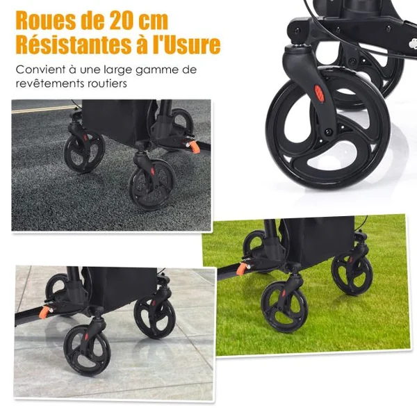 Déambulateur Pliant à 4 Roues de 20 cm Charge 136KG Rollator Médical en Aluminium avec Siège Double Freinage Sac de Rangement Noir