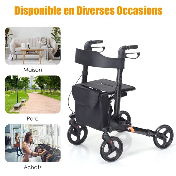 Déambulateur Pliant à 4 Roues de 20 cm Charge 136KG Rollator Médical en Aluminium avec Siège Double Freinage Sac de Rangement Noir