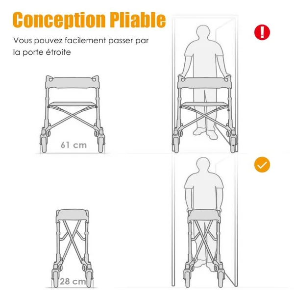 Déambulateur Pliant à 4 Roues de 20 cm Charge 136KG Rollator Médical en Aluminium avec Siège Double Freinage Sac de Rangement Noir