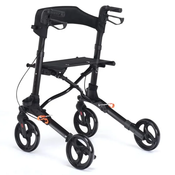 Déambulateur Pliant à 4 Roues de 20 cm Charge 136KG Rollator Médical en Aluminium avec Siège Double Freinage Sac de Rangement Noir