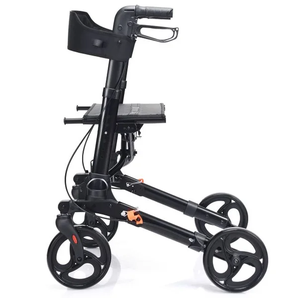 Déambulateur Pliant à 4 Roues de 20 cm Charge 136KG Rollator Médical en Aluminium avec Siège Double Freinage Sac de Rangement Noir