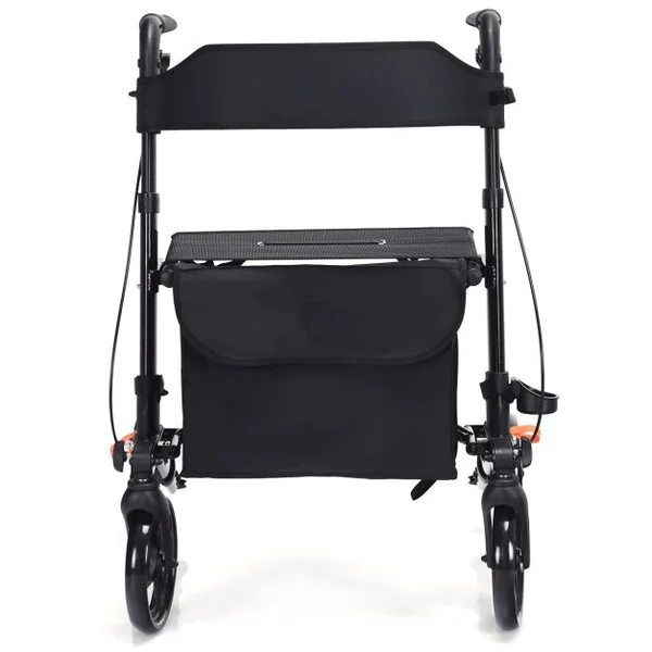 Déambulateur Pliant à 4 Roues de 20 cm Charge 136KG Rollator Médical en Aluminium avec Siège Double Freinage Sac de Rangement Noir