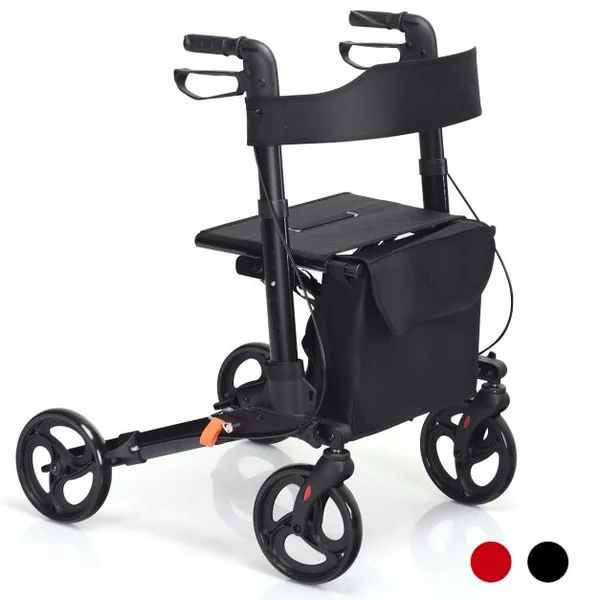 Déambulateur Pliant à 4 Roues de 20 cm Charge 136KG Rollator Médical en Aluminium avec Siège Double Freinage Sac de Rangement Noir