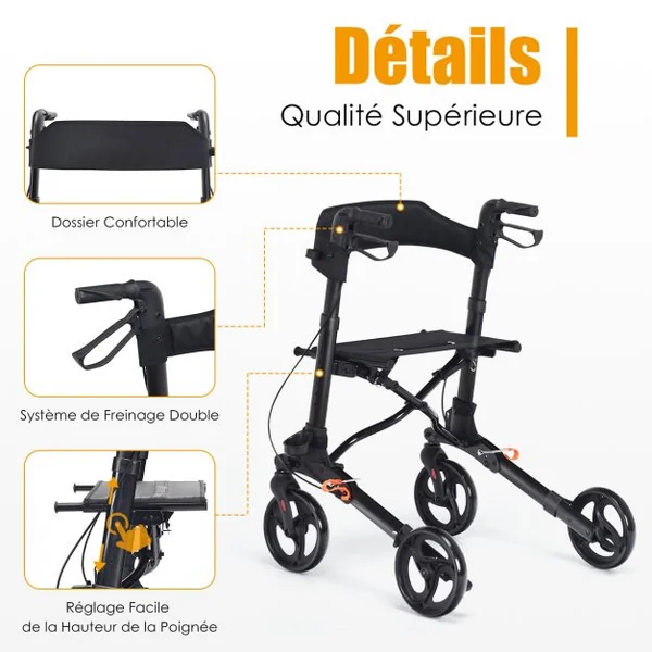 Déambulateur Pliant à 4 Roues de 20 cm Charge 136KG Rollator Médical en Aluminium avec Siège Double Freinage Sac de Rangement Noir