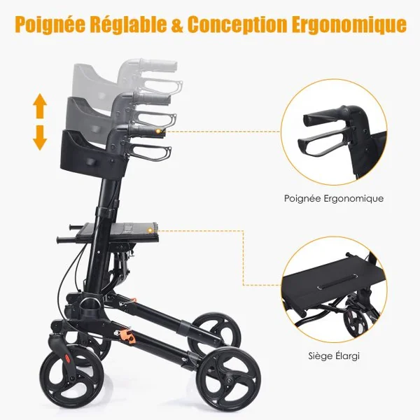 Déambulateur Pliant à 4 Roues de 20 cm Charge 136KG Rollator Médical en Aluminium avec Siège Double Freinage Sac de Rangement Noir