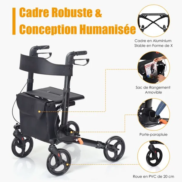 Déambulateur Pliant à 4 Roues de 20 cm Charge 136KG Rollator Médical en Aluminium avec Siège Double Freinage Sac de Rangement Noir