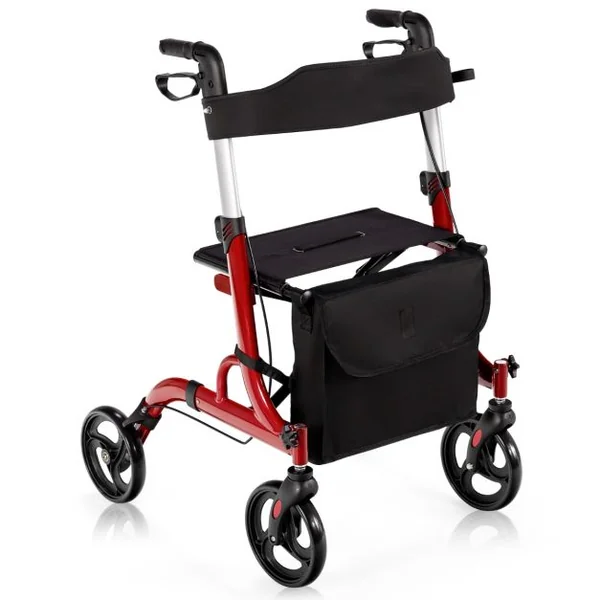 Déambulateur à 4 Roues Pliable en Alliage d'Aluminium Rollator Poignées Réglables en Hauteur 83-96cm Charge 150KG Bleu/Rouge