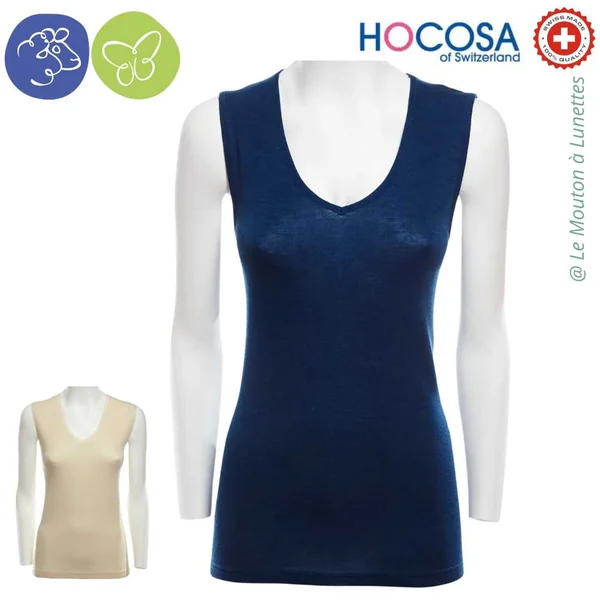 Débardeur col V en laine mérinos et soie pour femme - HOCOSA