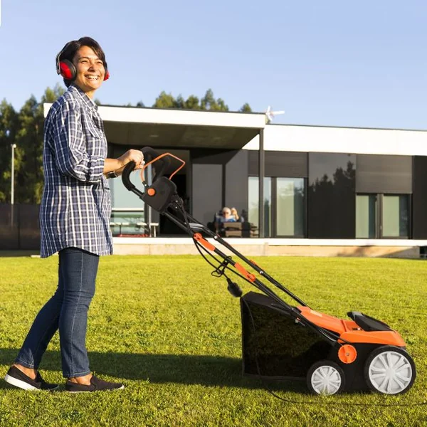 Déchaumeuse de Pelouse 2 en 1 Scarificateur Électrique Filaire avec Double Interrupteur de Sécurité Réglable à 4 Positions Vert/Orange