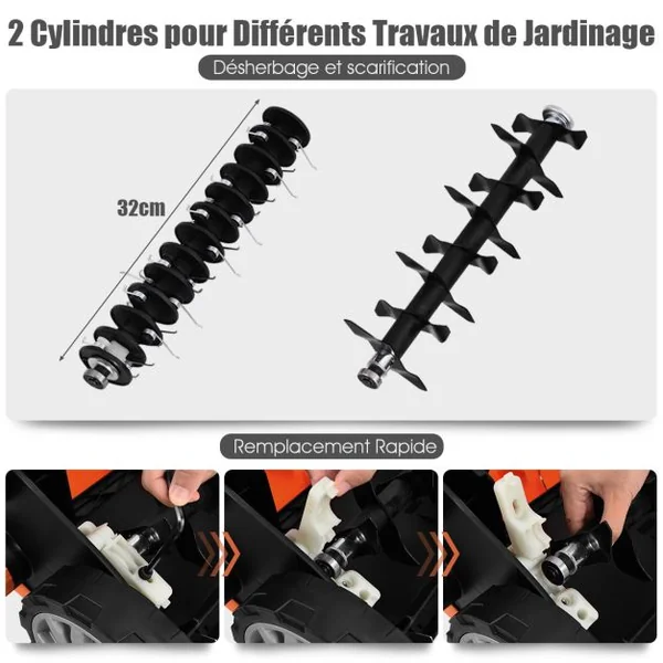 Déchaumeuse de Pelouse 2 en 1 Scarificateur Électrique Filaire avec Double Interrupteur de Sécurité Réglable à 4 Positions Vert/Orange