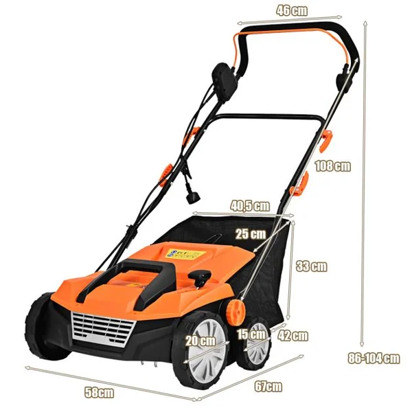 Déchaumeuse de Pelouse 2 en 1 Scarificateur Électrique Filaire avec Double Interrupteur de Sécurité Réglable à 4 Positions Vert/Orange