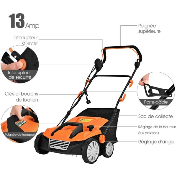 Déchaumeuse de Pelouse 2 en 1 Scarificateur Électrique Filaire avec Double Interrupteur de Sécurité Réglable à 4 Positions Vert/Orange