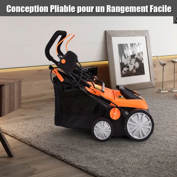 Déchaumeuse de Pelouse 2 en 1 Scarificateur Électrique Filaire avec Double Interrupteur de Sécurité Réglable à 4 Positions Vert/Orange