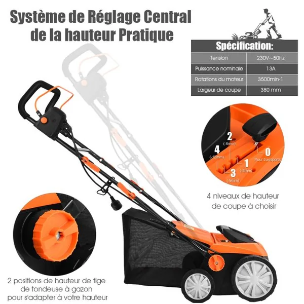 Déchaumeuse de Pelouse 2 en 1 Scarificateur Électrique Filaire avec Double Interrupteur de Sécurité Réglable à 4 Positions Vert/Orange