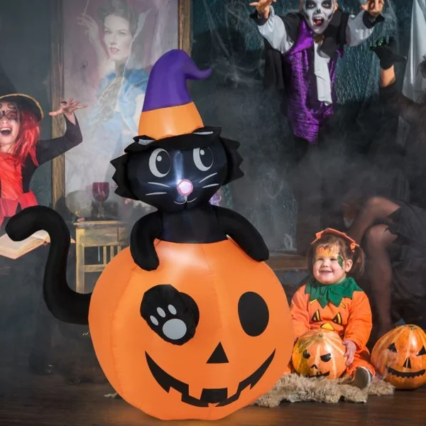 Décoration de Citrouille Gonflable Halloween Chat Noir sur Citrouille 150 cm avec Chapeau de Sorcier Lumières LED Gonfleur