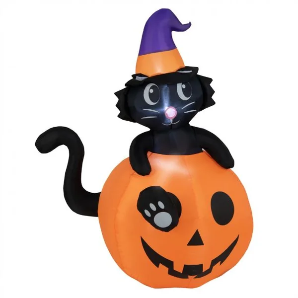 Décoration de Citrouille Gonflable Halloween Chat Noir sur Citrouille 150 cm avec Chapeau de Sorcier Lumières LED Gonfleur