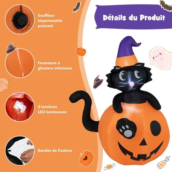 Décoration de Citrouille Gonflable Halloween Chat Noir sur Citrouille 150 cm avec Chapeau de Sorcier Lumières LED Gonfleur