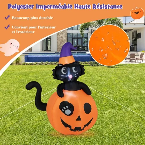 Décoration de Citrouille Gonflable Halloween Chat Noir sur Citrouille 150 cm avec Chapeau de Sorcier Lumières LED Gonfleur