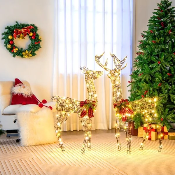 Décoration de Noël 200 Lumières Blanches Chaudes Biche de 100 cm et Cerf de 110 cm Éclairées Fonction Minutée Décoration du Nouvel An avec 8 Piquets