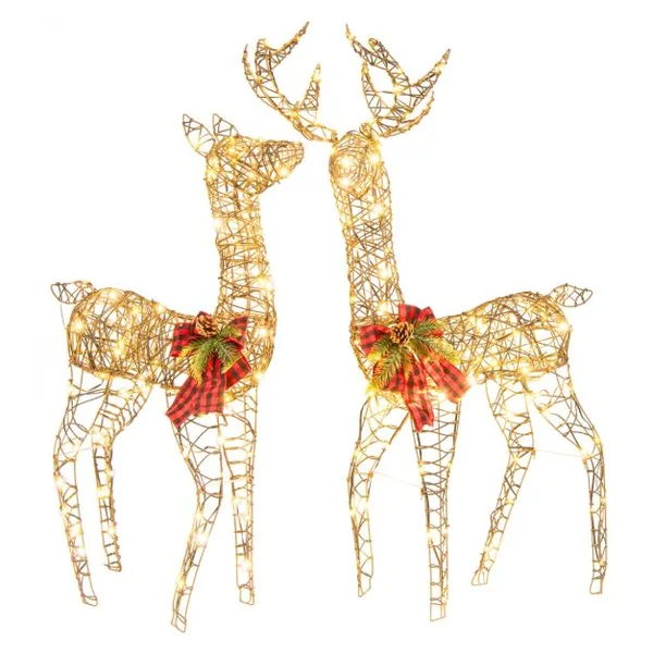 Décoration de Noël 200 Lumières Blanches Chaudes Biche de 100 cm et Cerf de 110 cm Éclairées Fonction Minutée Décoration du Nouvel An avec 8 Piquets