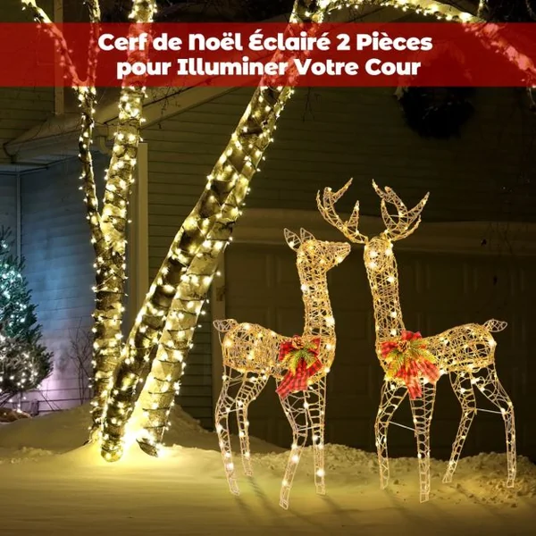 Décoration de Noël 200 Lumières Blanches Chaudes Biche de 100 cm et Cerf de 110 cm Éclairées Fonction Minutée Décoration du Nouvel An avec 8 Piquets